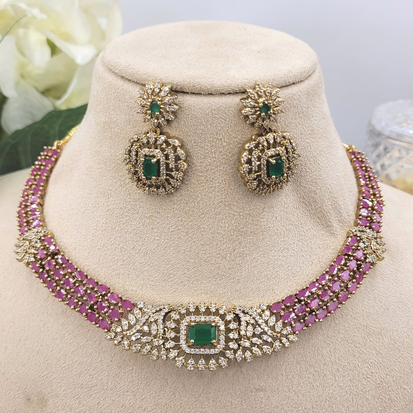 PINK GREEN RUKMINI NECKLACE SET